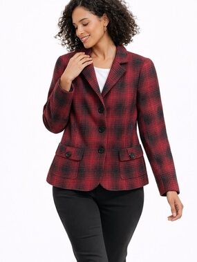 Kim‎ Rogers Women Red Black Plaid Blazer Jacket Size 12